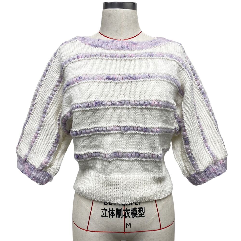 Vintage Hand Knit Striped Lavender Batwing Pullover Sweater
